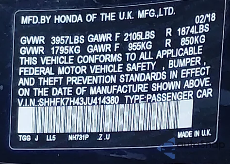 2018 Honda Civic Sport из США, поврежденный, VIN SHHFK7H43JU414380